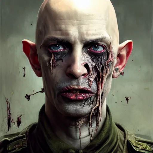 Image similar to portrait painting of a bald vampire with rotting skin and a popped eye wearing battered vietnam fatigues, ultra realistic, concept art, intricate details, eerie, highly detailed, photorealistic, octane render, 8 k, unreal engine. art by artgerm and greg rutkowski and charlie bowater and magali villeneuve and alphonse mucha