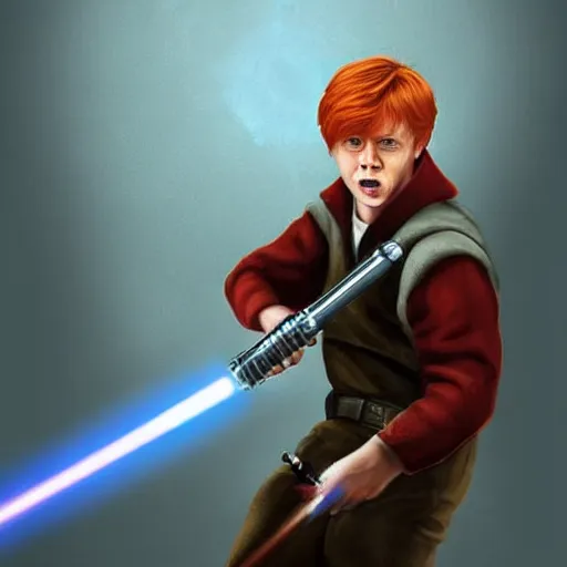 Prompt: epic digital matte paining of Ron Weasley firing a lightsaber out of a cannon, extremely detailed, artstation
