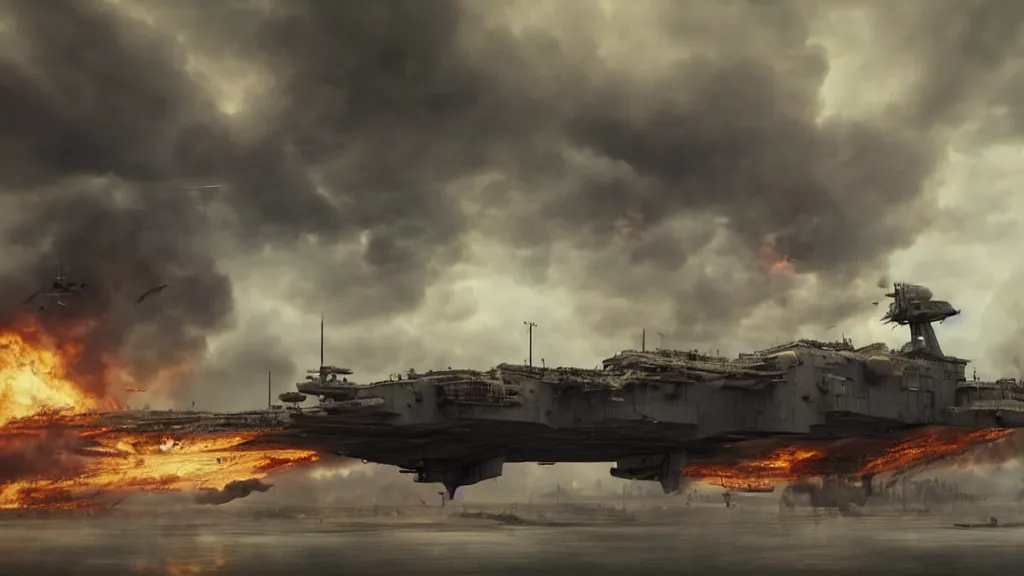 Image similar to an immense steampunk aircraft carrier crashed and burning in a field, thick black smoke billowing, turbulent storm clouds, dystopian, sharp focus, octane render, imax