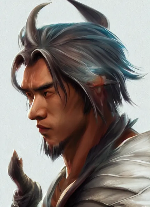 Image similar to muscly asian man mid parted hair, dndbeyond, bright, colourful, realistic, dnd character portrait, full body, pathfinder, pinterest, art by ralph horsley, dnd, rpg, lotr game design fanart by concept art, behance hd, artstation, deviantart, hdr render in unreal engine 5