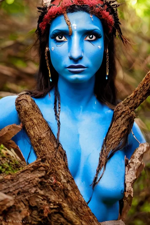 Image similar to a greek woman dressed as a blue-skinned female navi from avatar standing in a forest, blue body paint, high resolution film still, 8k, HDR colors, cosplay, outdoor lighting, high resolution photograph, photo by bruce weber, beautiful symmetric face, beautiful gazing eyes