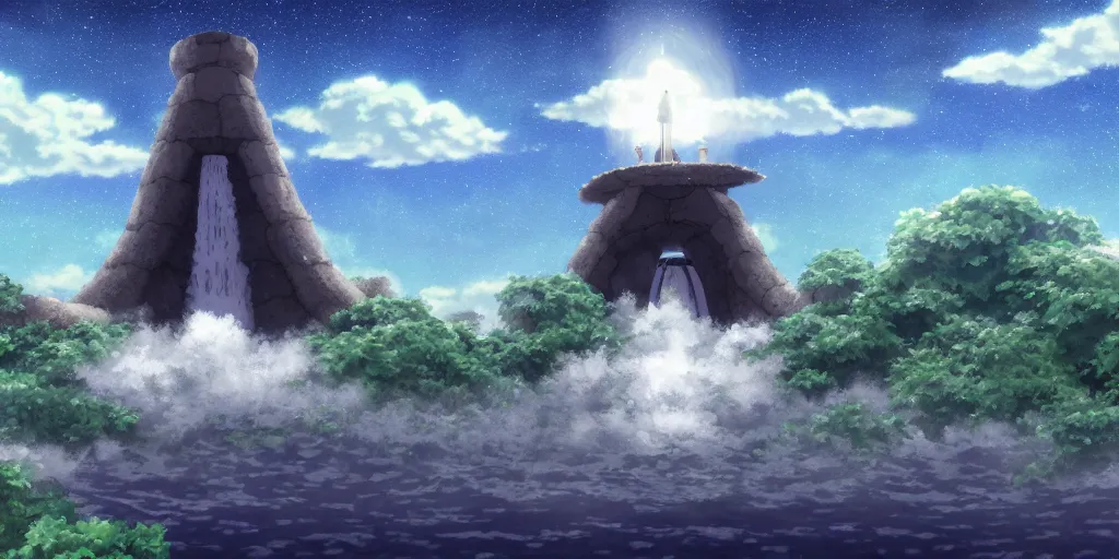 Image similar to a cell - shaded studio ghibli concept art study of a portal in the air over a flooded desert on a misty starry night. a waterfall is flowing out of the portal. very dull colors, hd, 4 k, hq