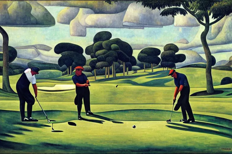 Image similar to Three golfers on a beautiful golf course, by Diego Rivera