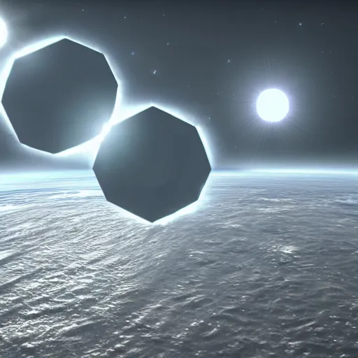 Image similar to hexagon sun shields floating in space, unreal engine, digital art, solar eclipse, seen from earth