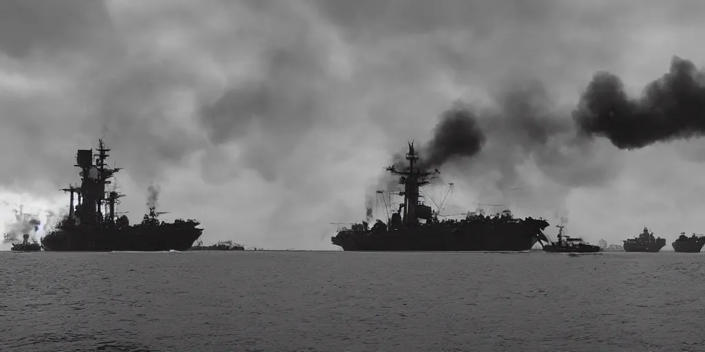 Prompt: naval duel between one steampunk battleship and one dieselpunk battleship, shots fired, clouds of smoke, medium long shot, 120 black and white film