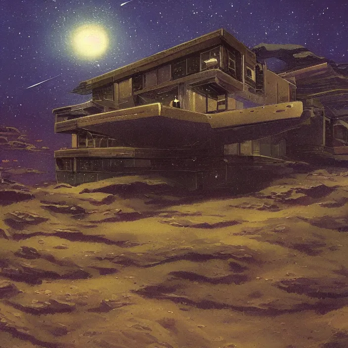 Prompt: a building in a serene landscape, space opera