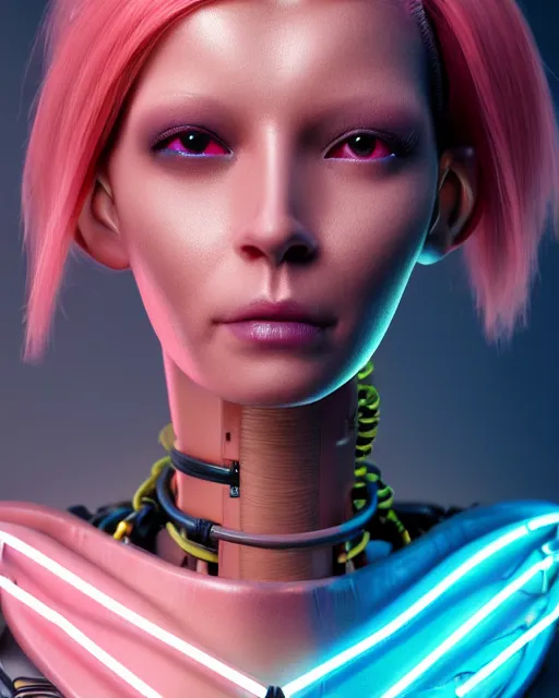 Prompt: portrait of a beautiful tan woman with pink hair as a cyberpunk cyborg half robot, revealing wires and electronics, hooked - up, sci - fi, missing panels, intricate abstract upper body intricate artwork, concept art, octane render, deviantart, cinematic, key art, hyperrealism, iridescent accents, portrait photograph, nikon 3 5 mm, photograph by greg rutkowski