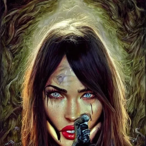 Prompt: surrealism painting of megan fox | horror themed | creepy