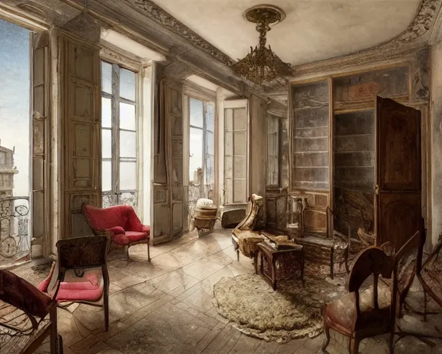 Image similar to an abandoned parisian apartment with and antique furniture with a view of the city, interior design, architecture, key lighting, soft lights, by steve hanks, by edgar maxence, by caravaggio, by michael whelan, by delacroix, by serov valentin, by tarkovsky, 8 k render, detailed, oil on canvas