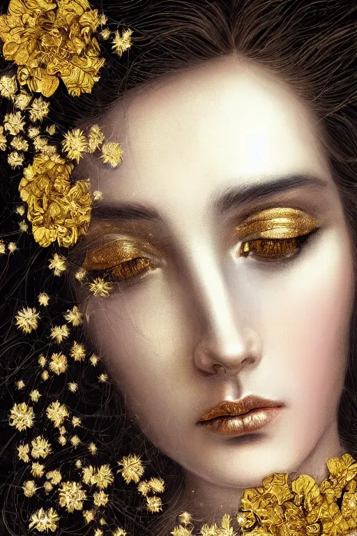 Prompt: hyperrealism close - up mythological portrait of a beautiful medieval woman's shattered face blended with gold flowers in style of classicism using the fibonacci golden ratio, pale skin, silver make up on the eyes, wearing black silk robe, dark and dull palette