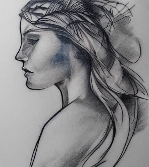 Image similar to tattoo design sketch of a beautiful blue - eyed woman face with a faded background of beautiful mountains and nature on her side, hyper - realistic, in the style of den yakovlev, amazing detail, black and white