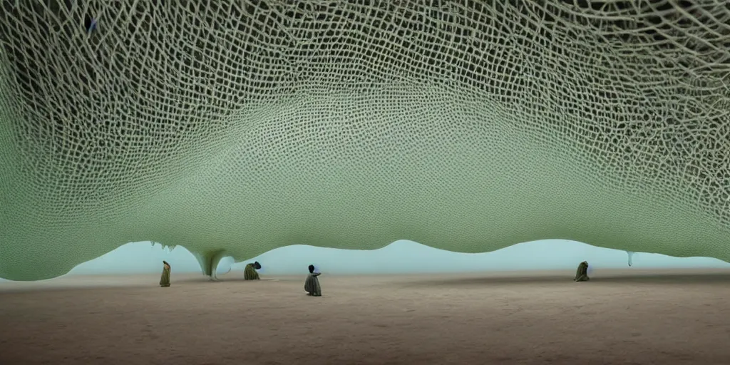 Image similar to biomorphic inflated structures by ernesto neto, light - mint with light - pink color, 4 k, insanely quality, highly detailed, film still from the movie directed by denis villeneuve with art direction by zdzisław beksinski, telephoto lens, shallow depth of field