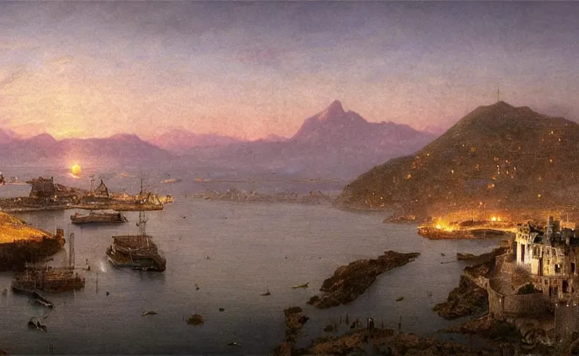 Image similar to early 1900s large port city with a castle on a hill overlooking the ocean, at dusk, distant mountains, 4k, rule of thirds, extreme detail, hazy water, intricate ink illustration, trending on artstation, cgsociety, hd, calm, complimentary colours, realistic lighting, by Albert Bierstadt, Frederic Edwin Church.