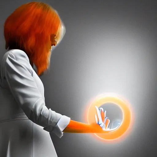 Image similar to A digital art. A rip in spacetime. Did this device in her hand open a portal to another dimension or reality?! light orange by Zaha Hadid saturated