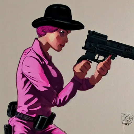 Image similar to A pink sci-fi woman with a gun, in the style of realism.