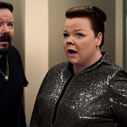 Prompt: cinematic still from a sci - fi absurdist comedy with ricky gervais as melissa mccarthy, dramatic