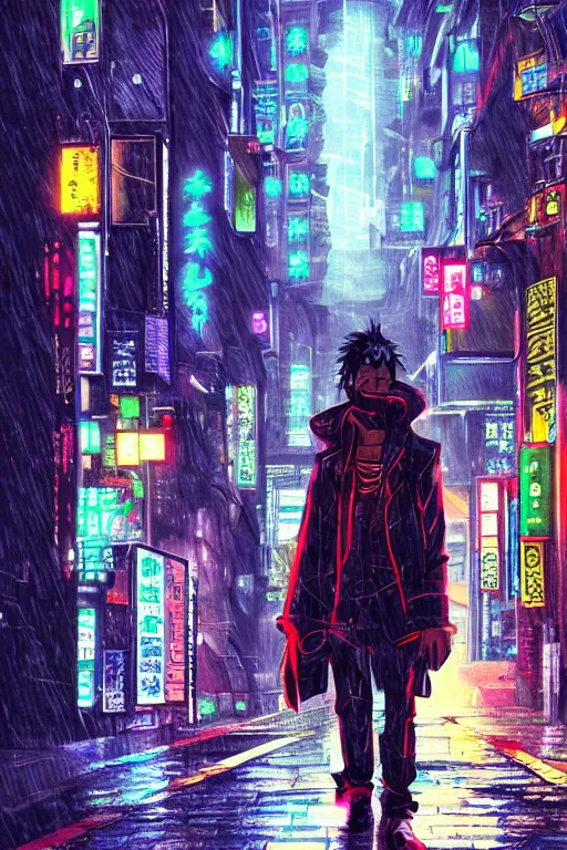 Image similar to a cyberpunk samurai in a raining cobblestone alleyway in tokyo, neon lights, full moon, fog cinematic anime art by one
