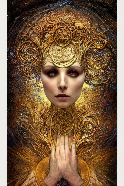 Image similar to Intermittent Chance of Chaos Muse by Karol Bak, Jean Deville, Gustav Klimt, and Vincent Van Gogh, beautiful surreal face portrait, enigma, destiny, fate, inspiration, muse, otherworldly, fractal structures, arcane, ornate gilded medieval icon, third eye, spirals