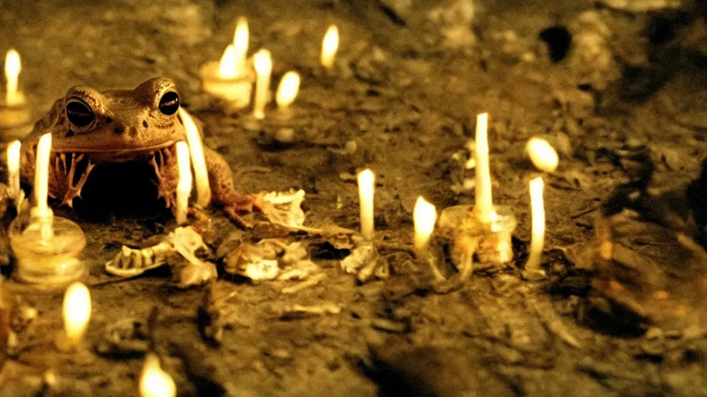 Prompt: a toad with sharp teeth grinning maniacally, a satanic ritual with candles and a pentagram, movie screenshot directed by David Fincher, and cinematography by Roger Deakins. Shot from a low angle. Cinematic. 24mm lens, 35mm film, Fujifilm Reala, f8