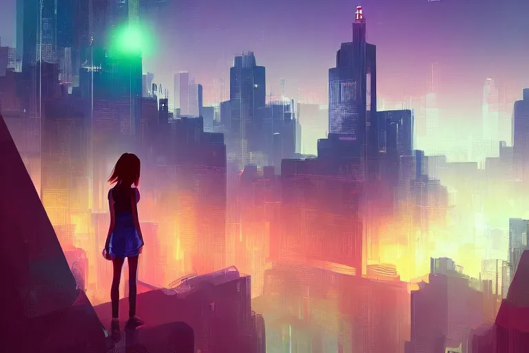 Image similar to a digital art of a selfie of max caulfield standing in a metropolis, youth, light effect, highly detailed, by anton fadeev, by jim burns, a realism masterpiece