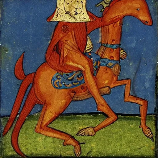 Image similar to knight riding on lizard, medieval painting