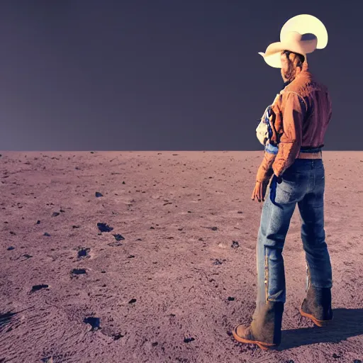 Prompt: cowboy standing on the moon, planet earth background, photorealistic, octane render, blender render, unreal engine, 3 5 mm