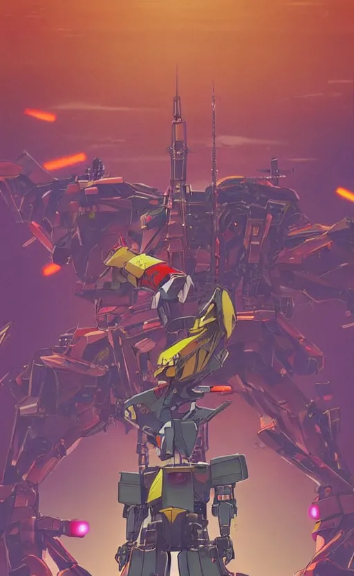 Image similar to movie poster of huge mecha plays a guitar, in the style of < neon genesis evangelion >, 3 d anime, arcane style, retropunk, steampunk, high resolution, 4 k, retrofuturism, by yoshiyuki sadamoto and ghibli and < simon stalenhag >