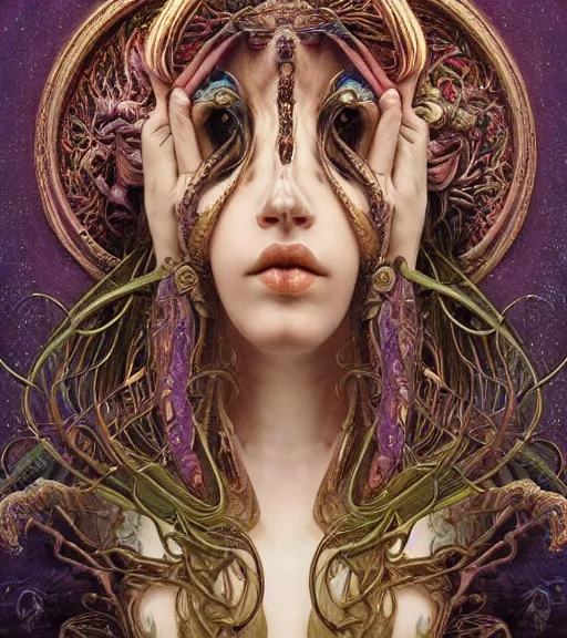 Image similar to detailed realistic beautiful young groovypunk queen of andromeda galaxy in full regal attire. face portrait. art nouveau, symbolist, visionary, baroque, giant fractal details. horizontal symmetry by zdzisław beksinski, iris van herpen, raymond swanland and alphonse mucha. highly detailed, hyper - real, beautiful