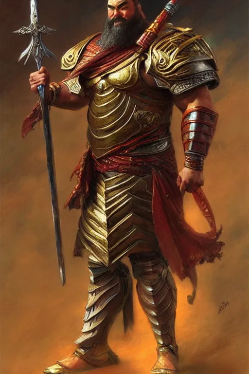 Prompt: attractive beefy male with armor, guan yu, character design, colorful paint, sweat, painting by gaston bussiere, craig mullins, j. c. leyendecker