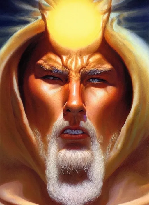 Image similar to a epic portrait of the god of light, art by boris vallejo and greg danton and denys tsiperko, detailed, hyperrealism, artstation