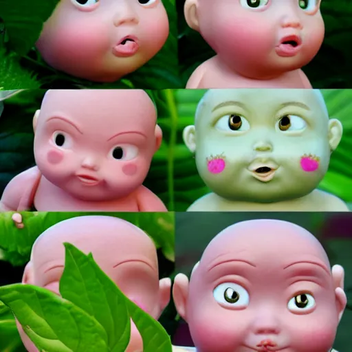 Image similar to fat pink ginseng fairy babies with puffy cheeks and ginseng plant leaves growing on top of their head, in the style of toy story