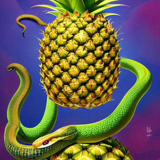 Prompt: a royal pineapple in the process of being swallowed by a snake which is wearing a red beret, vertical symmetry, golden ratio, highly detailed, digital painting, 8 k, detailed, trippy, psychedelic, artstation, unreal engine