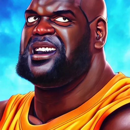 Image similar to ultra realistic portrait painting of shaquille o'neal as goku, art by akira toriyama, 4 k, dragon ball artstyle, cel shaded, highly detailed, epic lighting