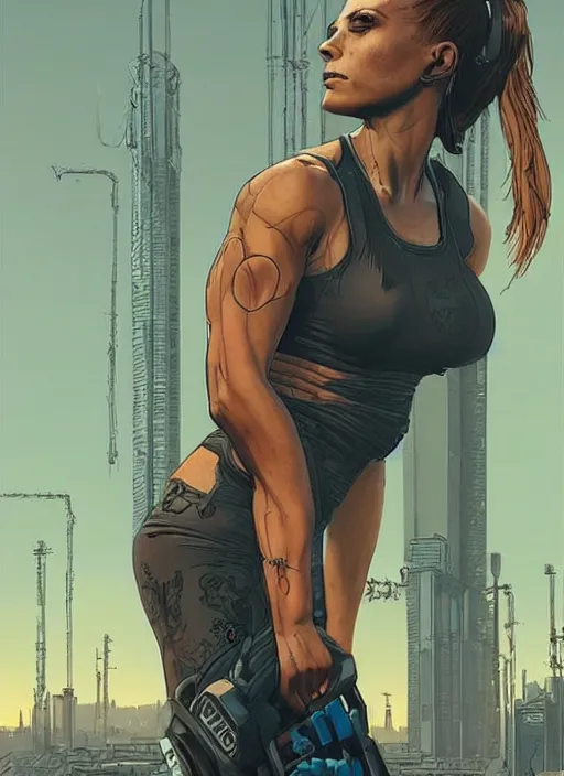 Image similar to Pretty Maria. Beautiful cyberpunk fitness babe. gorgeous face. Realistic Proportions. Concept art by James Gurney and Laurie Greasley. Moody Industrial skyline. ArtstationHQ. Creative character design for cyberpunk 2077.