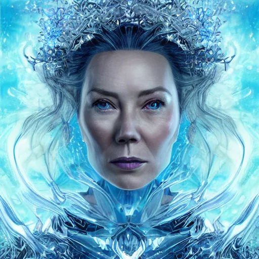 Image similar to masterpiece portrait of an aesthetic mage woman, ice spell, 3 0 years old woman, ( connie nielsen like ), black dynamic hair, wearing silver diadem with blue gems inlays, silver necklace, painting by joachim bergauer and magali villeneuve, atmospheric effects, chaotic blue sparks dynamics in the background, intricate, artstation, fantasy