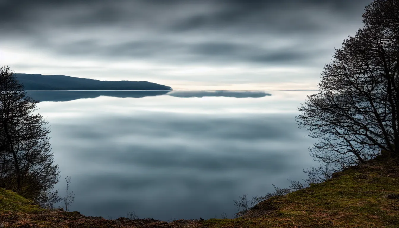 Image similar to calm lakeshore view from hill, cloud reflections, trees, nature, atmospheric, scary, claustrophobic, ambient vibe, very detailed, high resolution, 8 k