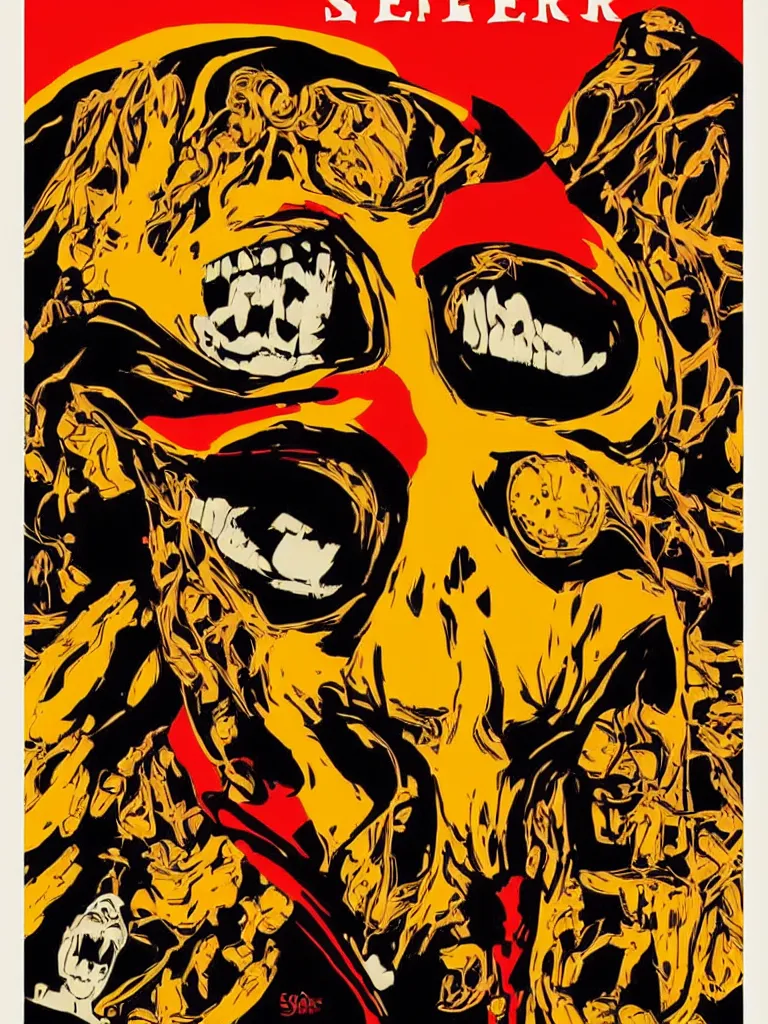 Prompt: poster offear featuring portrait of skeletor, red yellow orange black and cream colors, poster by shepard fairey