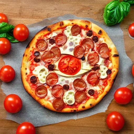 Prompt: a pizza with eyes and fingers and tomatoes cheese on it, top view
