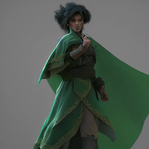 Image similar to western fantasy bard style clothing design, green tones, dark green cape,. artstation, volumetric light, detailed, photorealistic, fantasy, rendered in octane