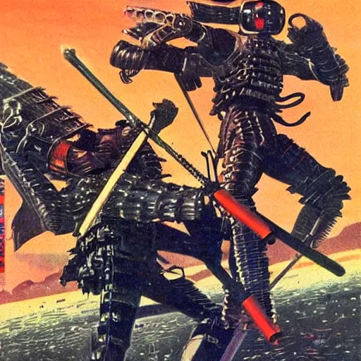 Prompt: cyberpunk samurai squad attack, 1 9 6 0 s vintage pulp sci - fi, art by bruce pennington