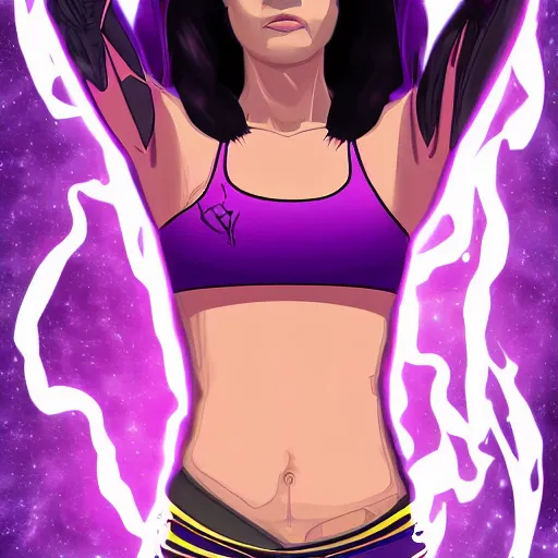 Image similar to poster artwork, sci fi, a female, full body, black hoodie techie, black hair with purple streaks, 8 k