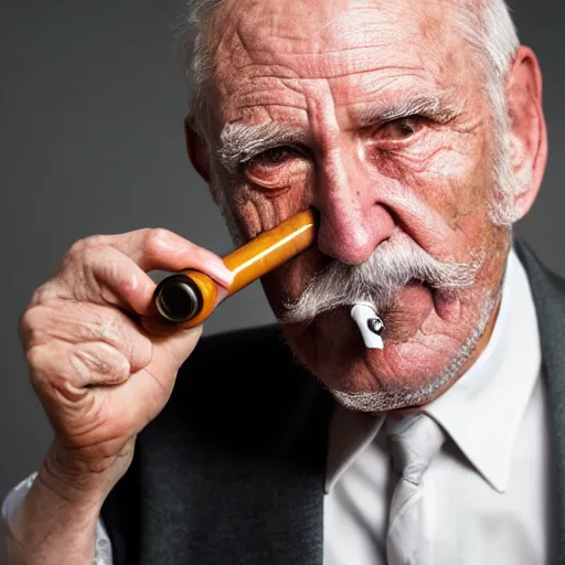 Image similar to Studio photo close up of an old man wearing a suit and smoking a pipe, battered by life, 4k HDR, sigma 85mm f/1.4, atmospheric lighting