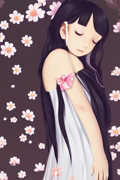 Prompt: little girl with her long black hair dressed in a simple white dress lying in a flowery field, anime art style, digital art by ilya kuvshinov, inspired by balthus, hd, 4 k, hyper detailed, rear view