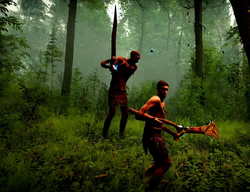 Image similar to a the forest game screenshot with one tribal enemy in the middle of the screenshot the player is holding a axe ultra realistic