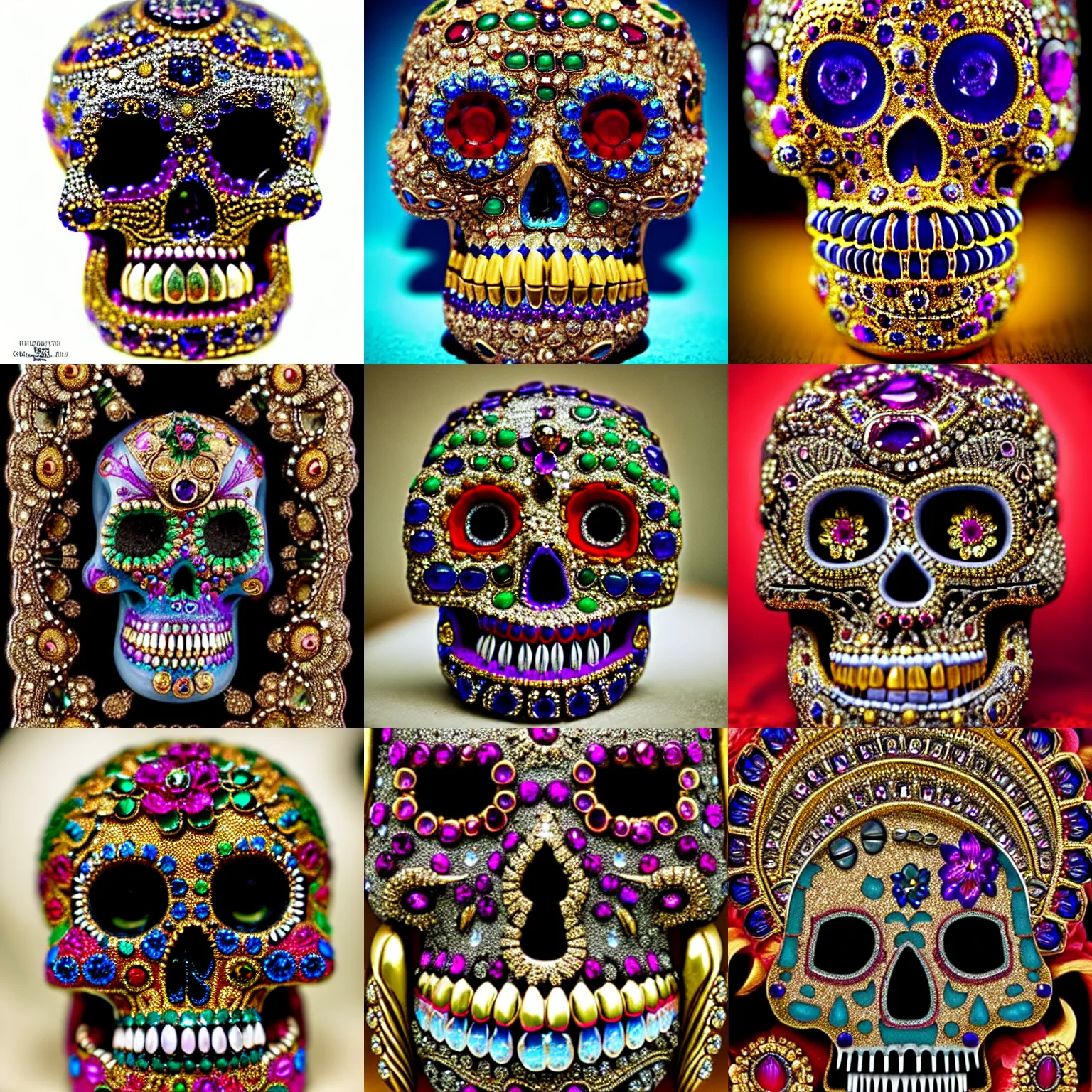 Prompt: Gems encrusted, intricate, highly detailed calavera, award winning photography
