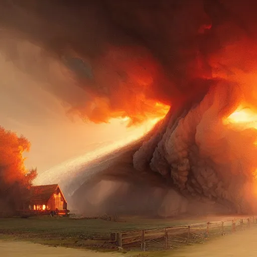 Image similar to an epic view of a smoke tornado destroying a farmhouse, twister, dust devils, flying particles, concept art, by jean duplessis - bertaux and greg rutkowski, trending on artstation