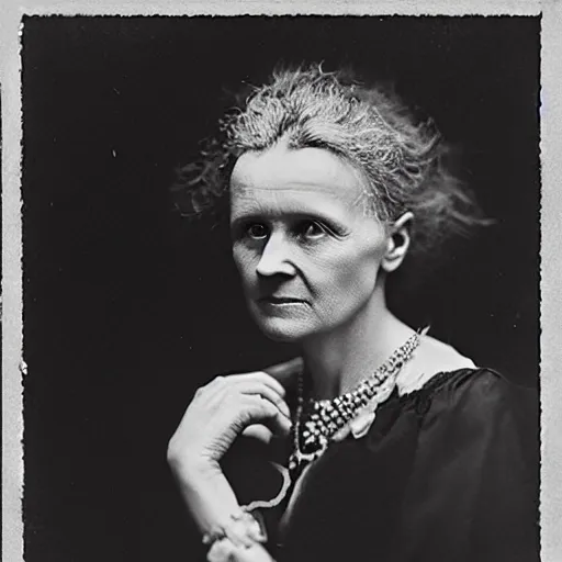 Prompt: Wet plate photography of Marie Curie wearing eerily glowing uranium jewelry