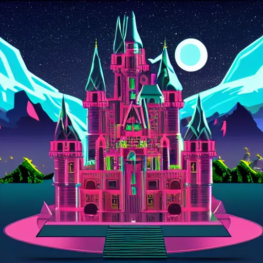 Prompt: Satoshi's futuristic castle, synthwave, space background, very beautiful, photo realistic