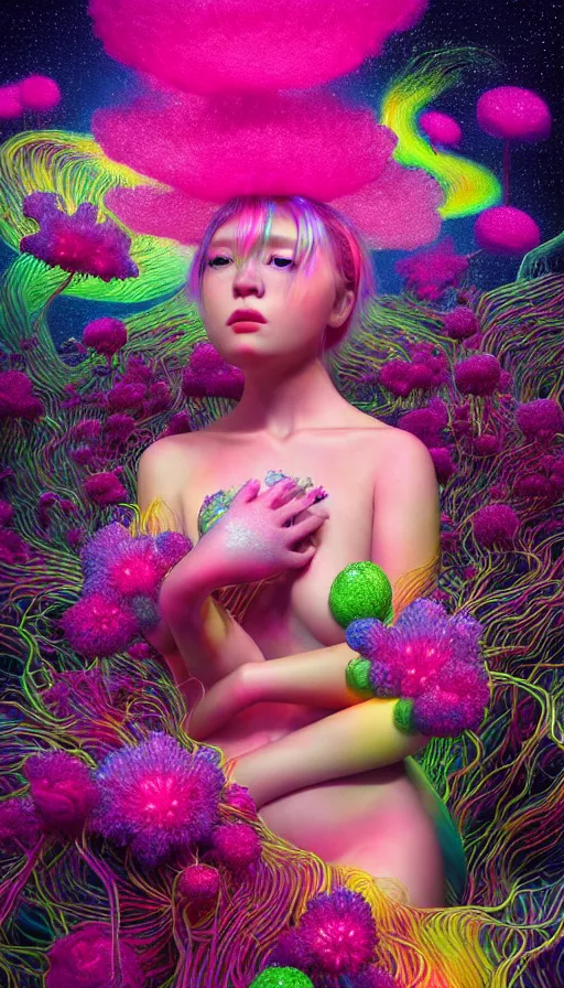 Image similar to hyper detailed 3d render like a Oil painting - kawaii Aurora (Singer) seen Eating of the Strangling network of colorful yellowcake and aerochrome and milky Fruit and Her delicate Hands hold of gossamer polyp blossoms bring iridescent fungal flowers whose spores black the foolish stars by Jacek Yerka, Mariusz Lewandowski, Houdini algorithmic generative render, Abstract brush strokes, Masterpiece, Edward Hopper and James Gilleard, Zdzislaw Beksinski, Mark Ryden, Wolfgang Lettl, hints of Yayoi Kasuma, octane render, 8k