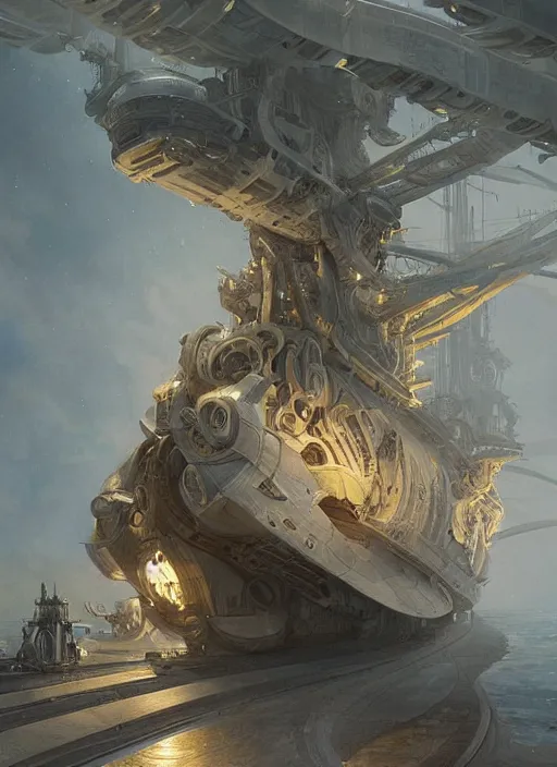 Image similar to epic concept illustration, highly detailed, intricate mechanical design, hard science concept art, star fleet nautilus ship being prepared for launch, by greg rutkowski and alphonse mucha. uhd, cinematic lighting, amazing depth, cinematography by 2 0 1 7